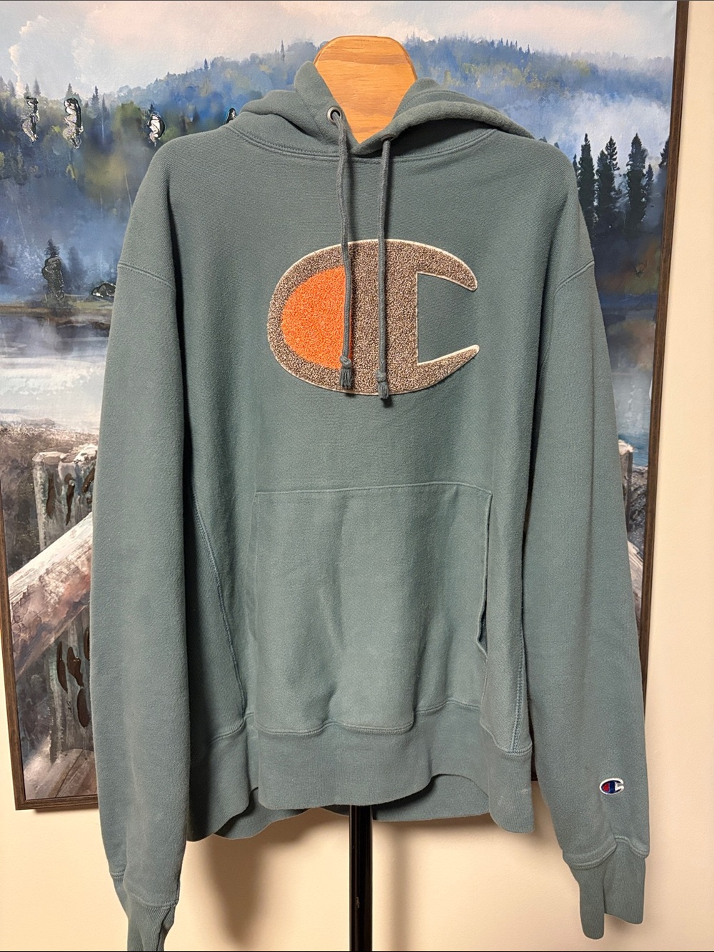 Champion Men's Slate Green Hoodie with Orange Appliqué C